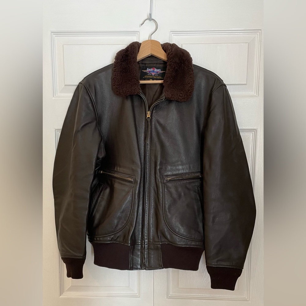 Gibson & Barnes, Men's Dark Brown Leather Bomber Jacket with Shearling Collar